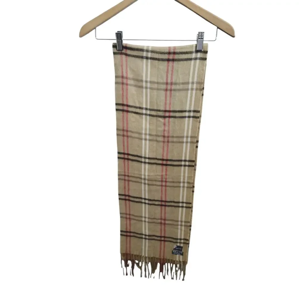 Vintage Cajon Plaid Fringe Scarf Beige Red Black Made in Italy